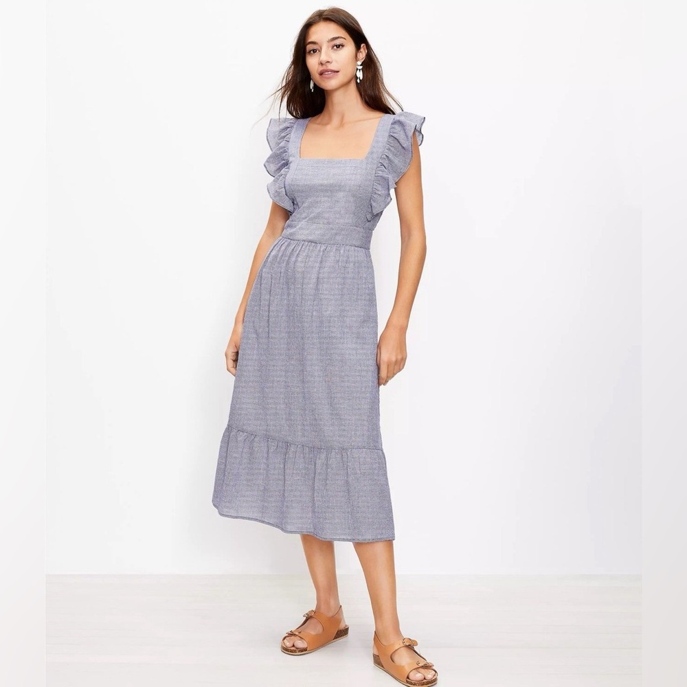 LOFT Blue Striped Cutout Midi Dress with Ruffle Sleeves
